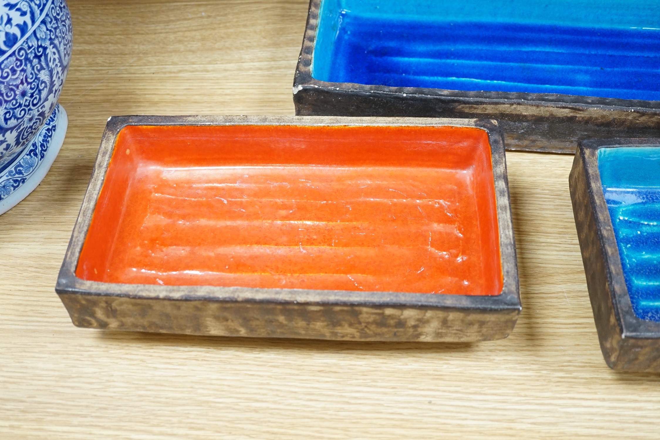 Three Japanese studio pottery tin glaze mounted trays, together with another, largest 50cms wide x 17cms deep